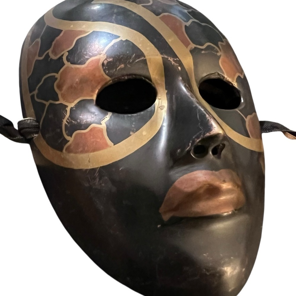 Vintage Brass Hand-Painted Masquerade Mardi Gras Theatre Mask Boho Wall Art Boho - Picture 5 of 10